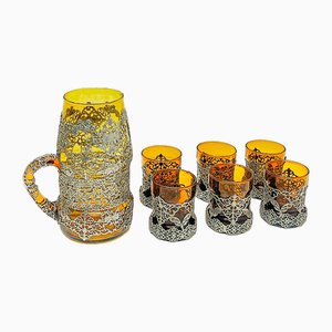 Amber Glass Jug with Matching Glasses and Metal Detailing attributed to Ioannina, Greece, 1960s, Set of 7