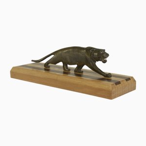 Sculpture Panthère sur Socle en Bois de Chêne avec Incrustation en Wengé, 1920s