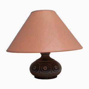 Deutsche Vintage Tischlampe mit handgefertigtem Keramiksockel von Thoms & Original Lachsfarbener Stoffschirm, 1980er