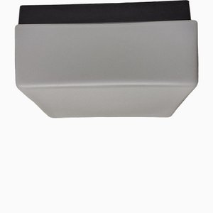Lámpara de techo alemana vintage con base de plástico negro y pantalla de vidrio blanco opaco de Hans Popp, años 70
