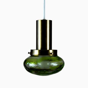 Lampade a sospensione in vetro soffiato e ottone attribuite a Paul Kedelv per Flygsfors, Svezia, anni '70, set di 2