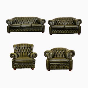 Set de Salon Chesterfield en Cuir Véritable Vert, Set de 4