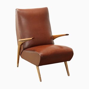 Vintage Armchair with Wood Spring Padding Leatherette, 1950s