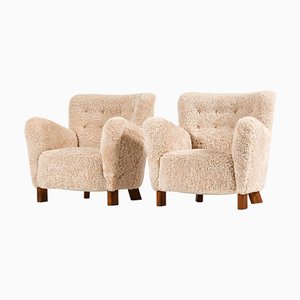 Set of Easy Chairs in Beech & Reupholstered in Sheepskin attributed to Fritz Hansen, 1938