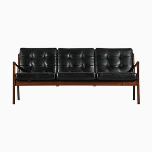 Canapé en Palissandre et Cuir Noir d'Origine attribué à Ole Wanscher, 1951