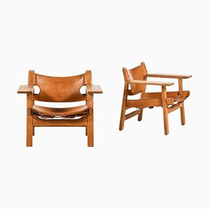 Set of Easy Chairs in Oak and Cognac Brown Leather attributed to Børge Mogensen, 1950s