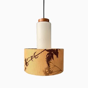Mid-Century Opaline Glass Pendant Lamp with Beige Fabric Jungle Shade