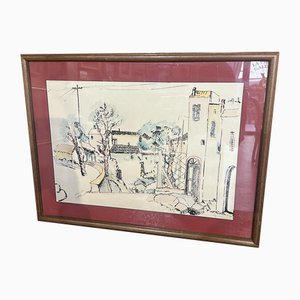 Nicola Sgambati, The Glimpse of a Small Village, 1920s, Watercolored Print