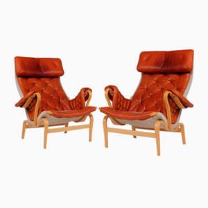 Set of Scandinavian Modern Pernilla Easy Chairs in Steam Bend Beech with Cognac Colored Leather Cushions by Bruno Mathsson, for Dux, Sweden, 1970s