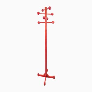 Postmodern Red Stained Beech Coat Rack with Balls, Italy, 1970s