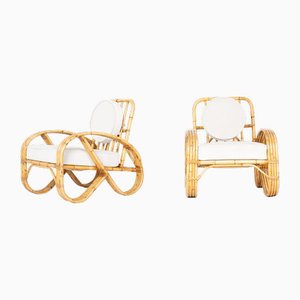 Vintage Stühle aus Rattan & Samtstoff, 1950, 2er Set