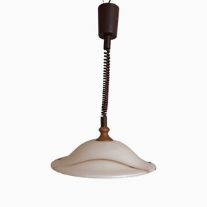 Vintage Height-Adjustable German Ceiling Lamp with Plastic Shade on an Oak Wood Mount from Aro-Leuchten, 1980s
