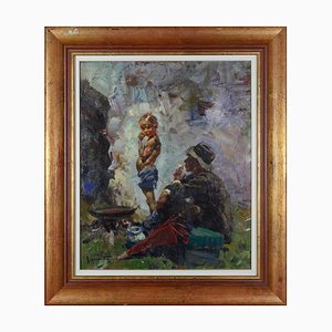 Josep Serra I Santa, Man and Boy von Campfire, 1950er, Öl auf Leinwand