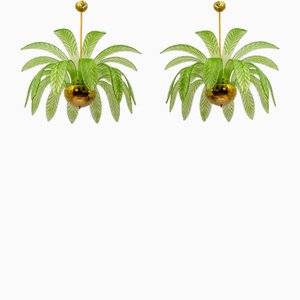 Mid-Century Modern Palm Leaf Chandeliers in Murano Glass and Brass from Maestri Muranesi, 1970s, Set of 2