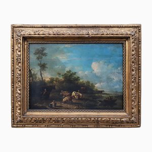 Dutch School Artist, Landscape with Characters and Herds, 1700s, Oil on Board