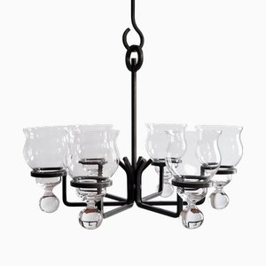 Swedish Glass & Wrought Iron Pendant Lamp by Erik Höglund for Kosta Boda, 1960s