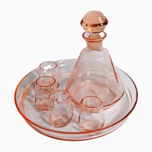 Art Deco Rosaline Glass Liquor Set, 1920, Set of 6