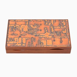 Scatola in legno con coperchio in rame smaltato, anni '60