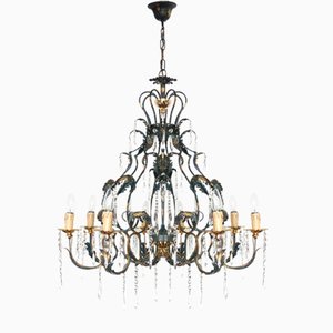 Green-Gold Burnished Metal & Lead Crystal 8-Bulb Chandelier, 1980s