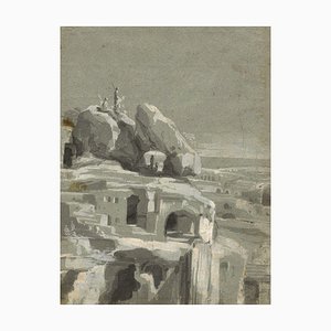 All India, Abitazioni rupestri con lancieri, inizio 1800, Grisaille Wash disegno