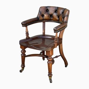 Silla de escritorio victoriana de cuero y caoba, siglo XIX, década de 1880