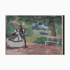 Géza Farago, Jeune Couple dans le Parc, Aquarelle, années 1890-1910