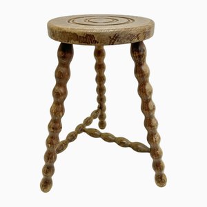 French Tripod Bobbin Turned Wooden Stool, 1950s