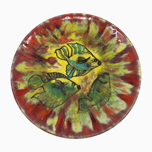 Decorative Plate Decorated with Multicolored Fish by Yves Alain Pleuven for Quimper, 1950s