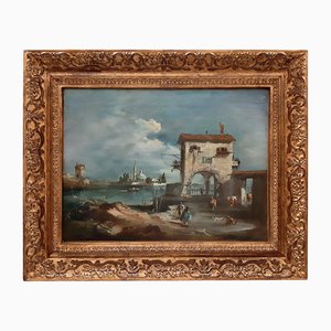 Anna Iduna Zehnder, Paisaje del lago con arquitectura, años 20, óleo sobre lienzo, enmarcado