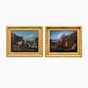 Philips Wouwerman, Knights in Front of a Coaching Inn and Knights and Bathers at a Stream, 1600s, Oil on Canvases, Set of 2