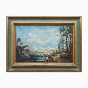 Paisaje con personajes junto al río, Óleo sobre lienzo, Enmarcado