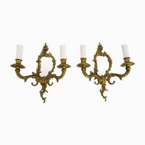 Lampade da parete vintage in bronzo con specchio e 2 candele nello stile di Lucien Gau, anni '60, set di 2