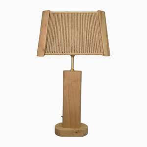Brutalist Elm and Oak Table Lamp with Rope Lampshade, 1980s