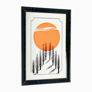 Vintage Japanese Mirror with Sunset, 1970s