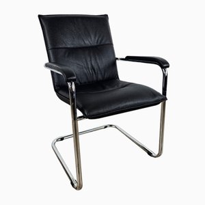 Office Armchair in Tubular Steel and Black Eco-Leather, 1970