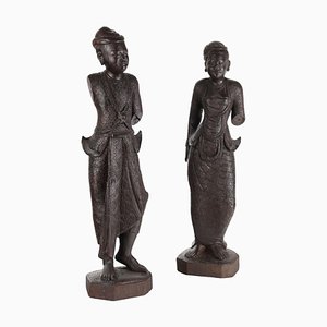 Figuras antiguas de madera, Birmania, principios del siglo XX. Juego de 2