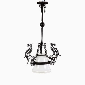 Lampe à Suspension Antique en Fer Forgé et Verre, Italie