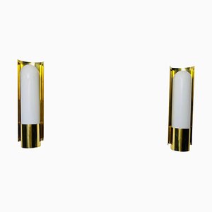 Brass and Opaline Glass Wall Lamps attributed to Glashütte Limburg, 1960s, Set of 2