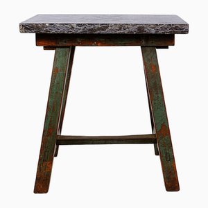 Industrial Console Table with Bluestone Top and Green Weathered Wood