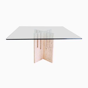 Quadratischer Esstisch aus Travertin & Glas, Italien, 1970er