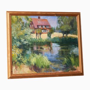Gordon Lillford, Landschaft mit Teich, Öl an Bord, 1950er, Gerahmt