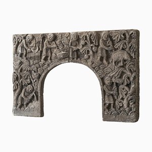 Vintage Bas Relief Fireplace Surround in Hand Carved Stone, 1940s