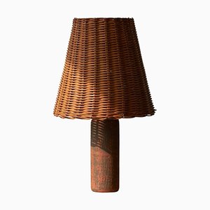 Mid-Century Studio Pottery Table Lamp in Chamotte Clay with Rattan Shade, 1940s