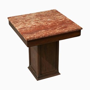 Large Art Deco Pedestal Side Table in Oak and Expressive Red Marble, 1930s