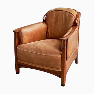 Vintage Art Deco Chair in Oak and Cognac Leather, 1980s