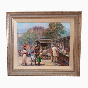 Elio Ferrara, Paris Marché Aux Puces Flohmarkt, 1980, Vintage Öl auf Leinwand Gemälde