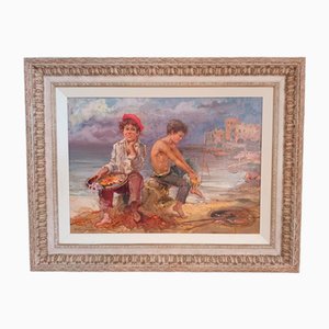 Nino Salvadori, Beach Boys Fishing, Italien, 1960, Großes Vintage Öl auf Leinwand Gemälde