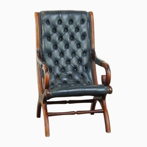 Dark Blue Chesterfield Armchair in Leather and Combined with Wood