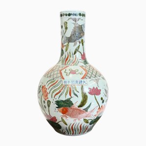 Vase Temple en Porcelaine de Chine Urne Ming Poisson Rouge