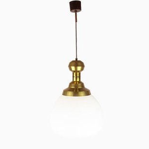Italian Opaline Glass Brass Pendant Lamp in the style of Azucena, 1950s